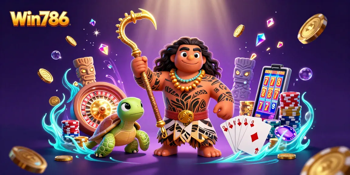 Win786 casino illustration of a demigod and turtle celebrating with glowing coins and gaming elements.