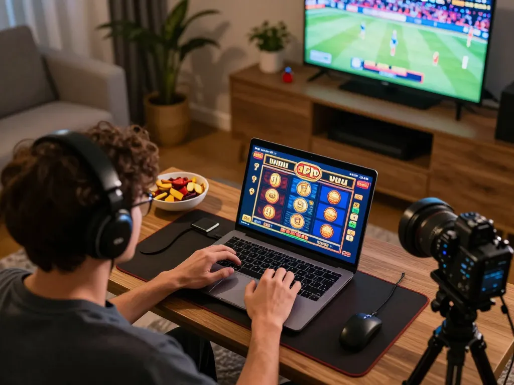 Nohu player enjoying online slots at home with detailed focus on gaming strategy and excitement.