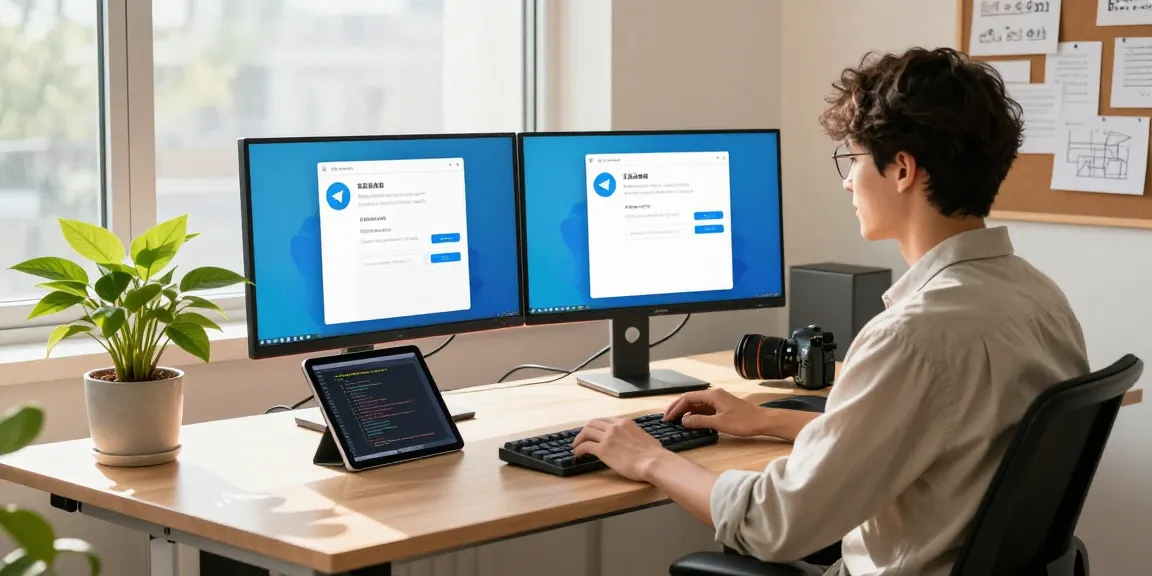 Professional workspace showing a developer using telegram中文 interface on dual monitors in a bright office.
