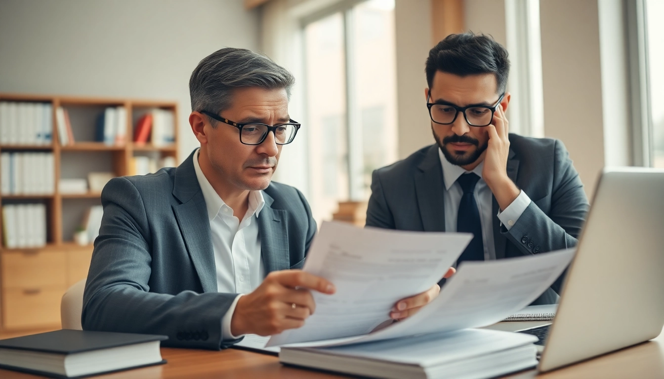 Abmahnung erhalten – Legal consultation showing a lawyer discussing documents with a worried client.