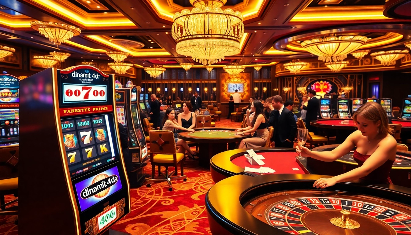 Excited players betting at the luxurious dinamit4d slot machine on a vibrant casino floor.