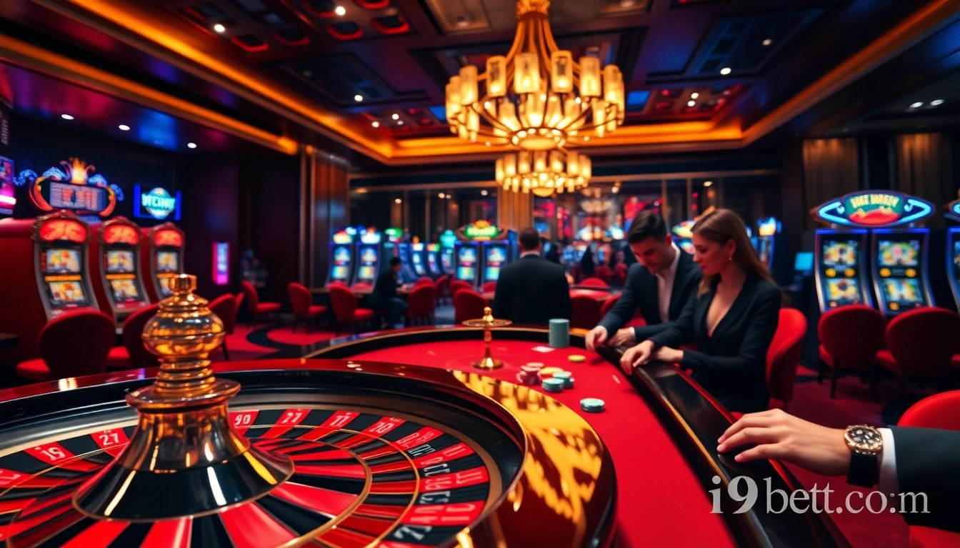 Engage in thrilling gameplay at i9bett.cn.com with vibrant casino scenes featuring roulette and poker tables.