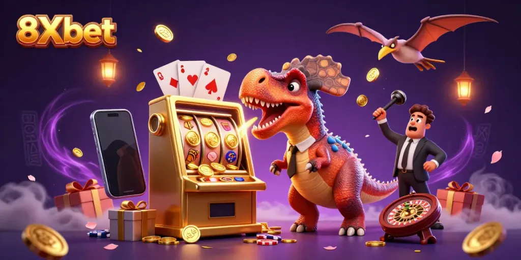 Enjoy thrilling gameplay at 8Xbet with a vibrant scene of dinosaurs and casino-themed elements.