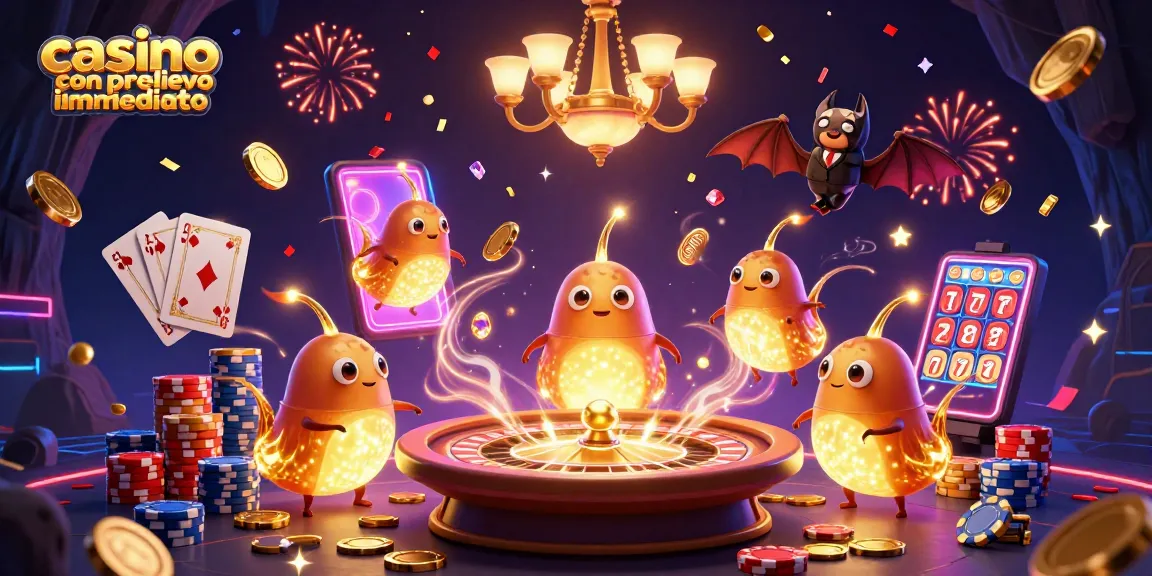 Immagine creativa di un casino con prelievo immediato, rappresentato da lucciole e un pipistrello, arricchita da elementi di gioco e gemme illuminanti.