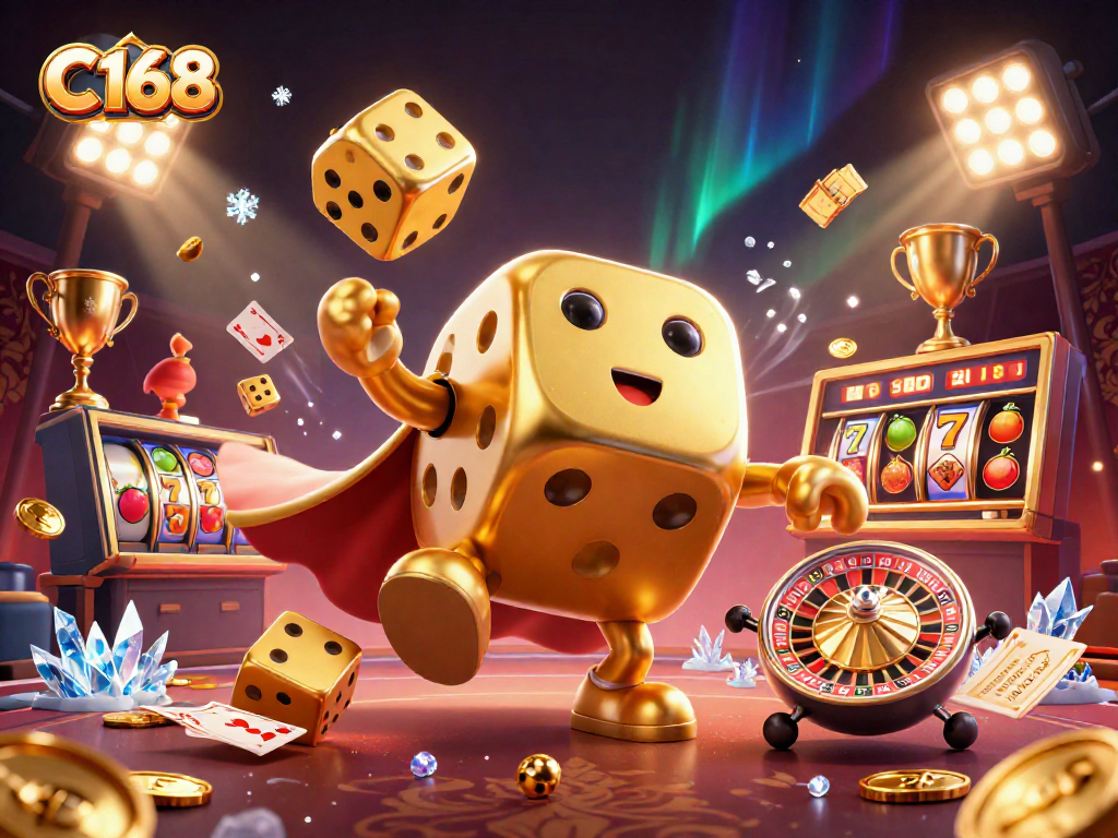 C168 engages players with a jazzy casino scene featuring lively golden dice and slot game elements.