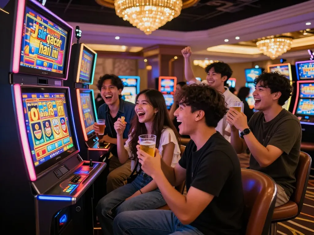 Pemandangan permainan yang menarik merayakan "slot gacor hari ini" bersama teman-teman di kasino yang bergaya.