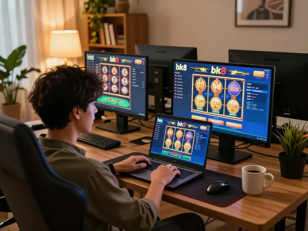 Player engaging with the bk8 online casino interface in a cozy home setting, showcasing strategic gaming