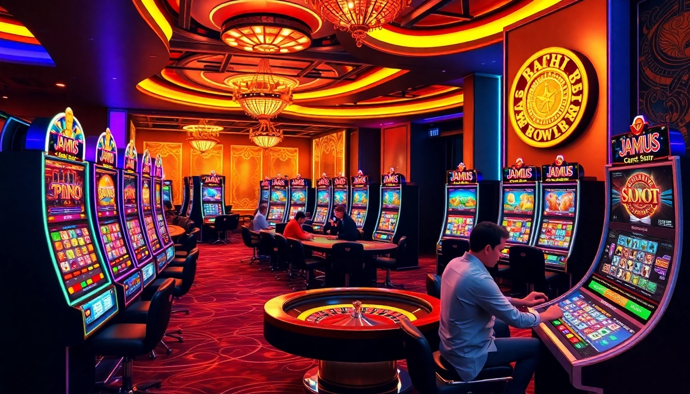 Experience thrilling gameplay at jamuslot with engaging slot machines and poker tables in a vibrant casino setting.