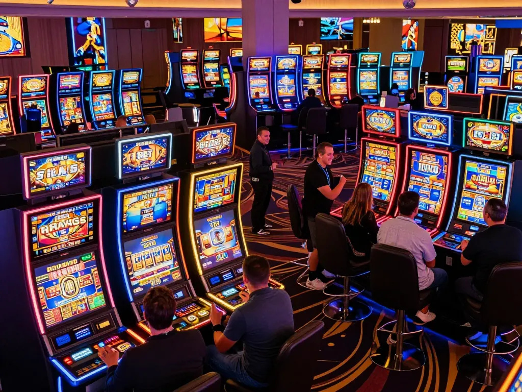 Excited players engage with vibrant slot machines in a luxurious casino atmosphere