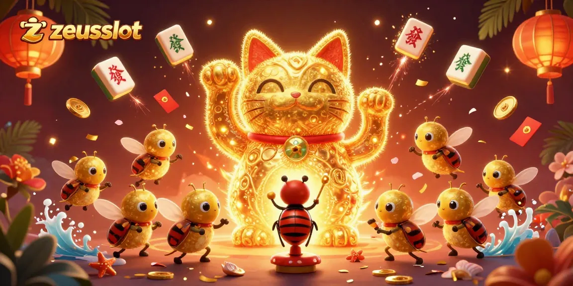 Experience zeusslot excitement with a golden lucky cat surrounded by vibrant casino symbols.