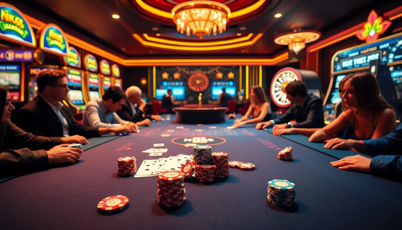 NK88 poker players enjoy an exciting game night with vibrant chips and illuminated tables.