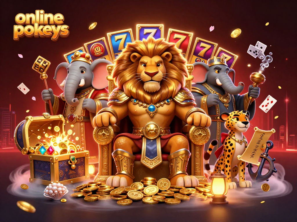 Engage with online pokies through this rich 3D illustration featuring casino elements and vibrant characters.