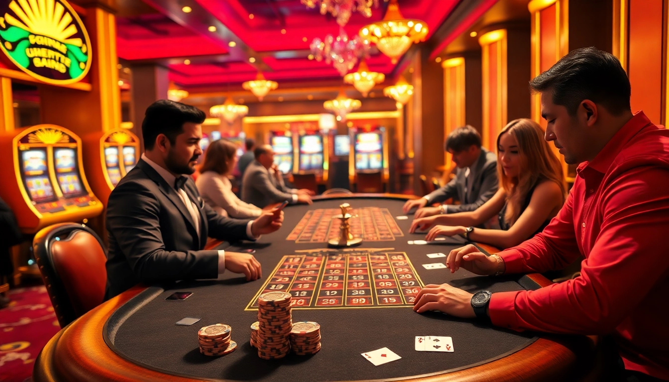 Players enjoying a thrilling poker game at BJ388 casino, capturing the excitement and luxury of online gambling.