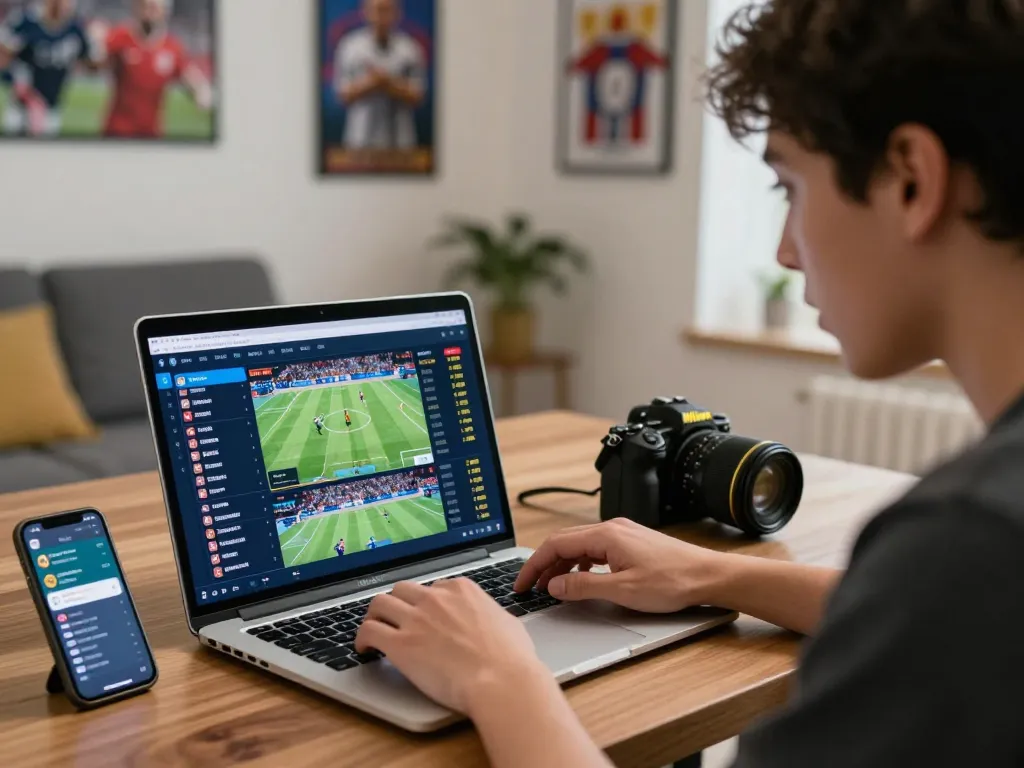 IDNSCORE sports betting interface on laptop, person focused on live updates and strategic odds analysis.