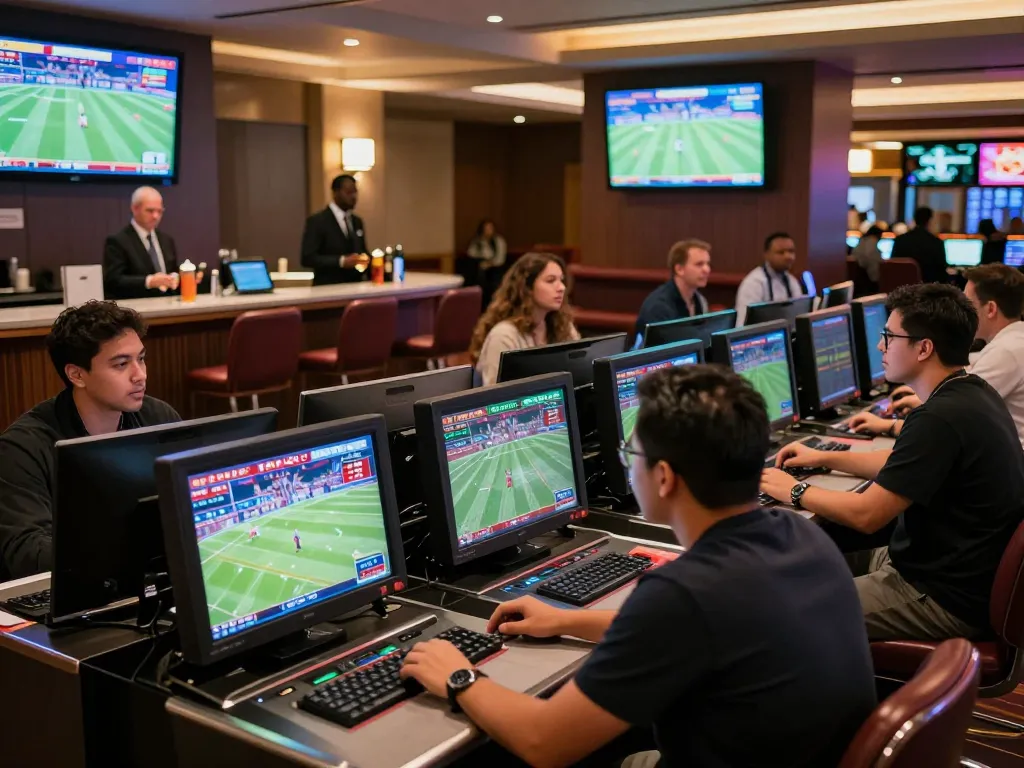 Guests engaging in sports betting at casino lounge, showcasing dynamic tr88 betting strategies and live events.