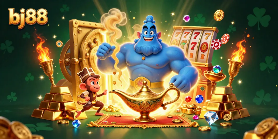 Engage with bj88's vibrant casino atmosphere featuring a genie, riches, and lively game elements.