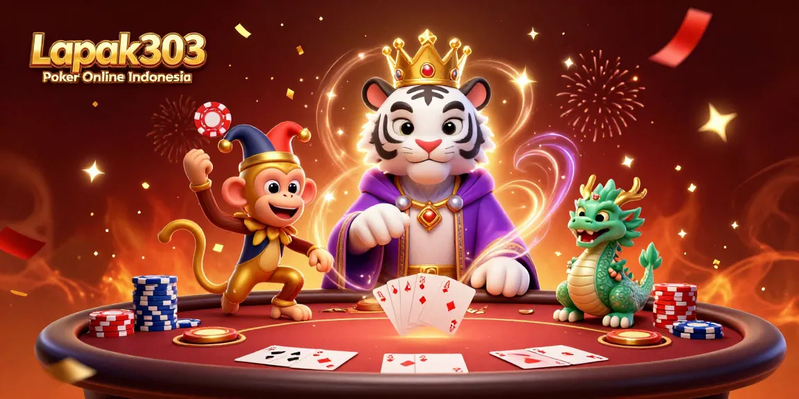 Engage in thrilling poker with Lapak303 Poker Online Indonesia featuring lively characters and festive atmosphere.