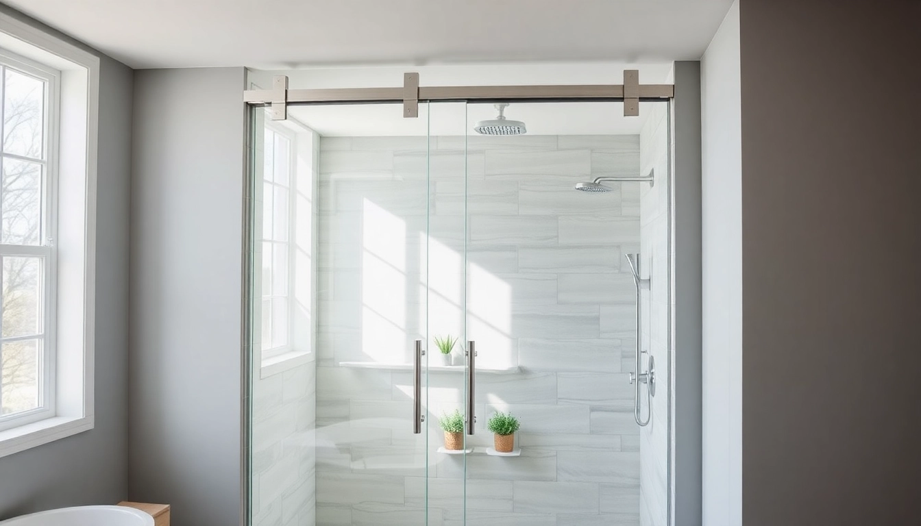 Stylish shower sliding doors feature clear glass panels and a modern design in a contemporary bathroom.