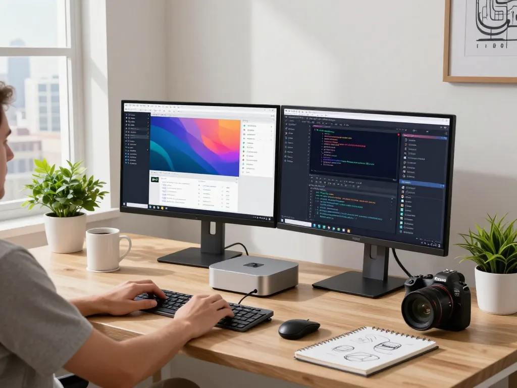 User efficiently coding on a Mac mini in a modern workspace with dual monitors and a cozy atmosphere.