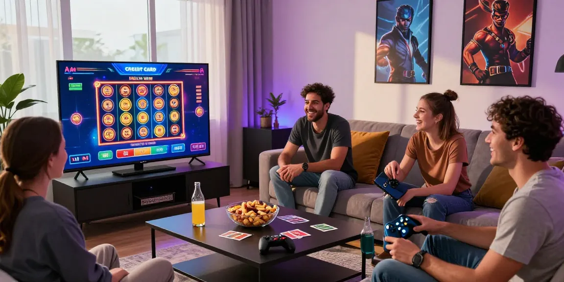 Exciting online gaming scene at https://iis.org.uk, friends enjoying a credit card casino game experience in a cozy living room atmosphere.