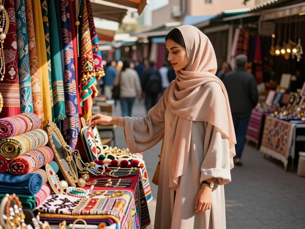 Woman wearing stylish hijabs, exploring vibrant urban marketplace filled with colors and accessories.