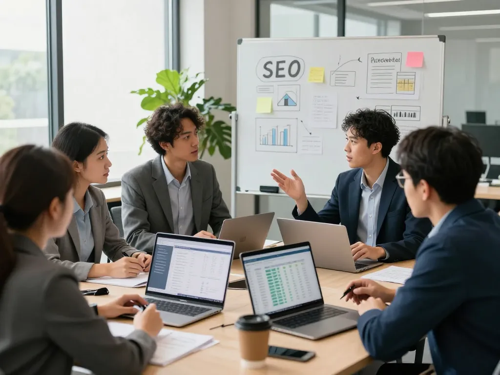 NYC SEO Company team collaborating on digital strategies in a modern office.