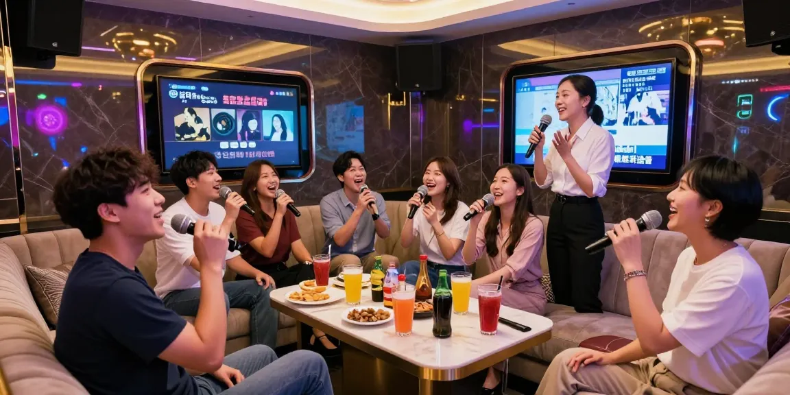 강남가라오케에서 손님들이 즐겁게 노래하고 음료를 마시며 축하하는 장면