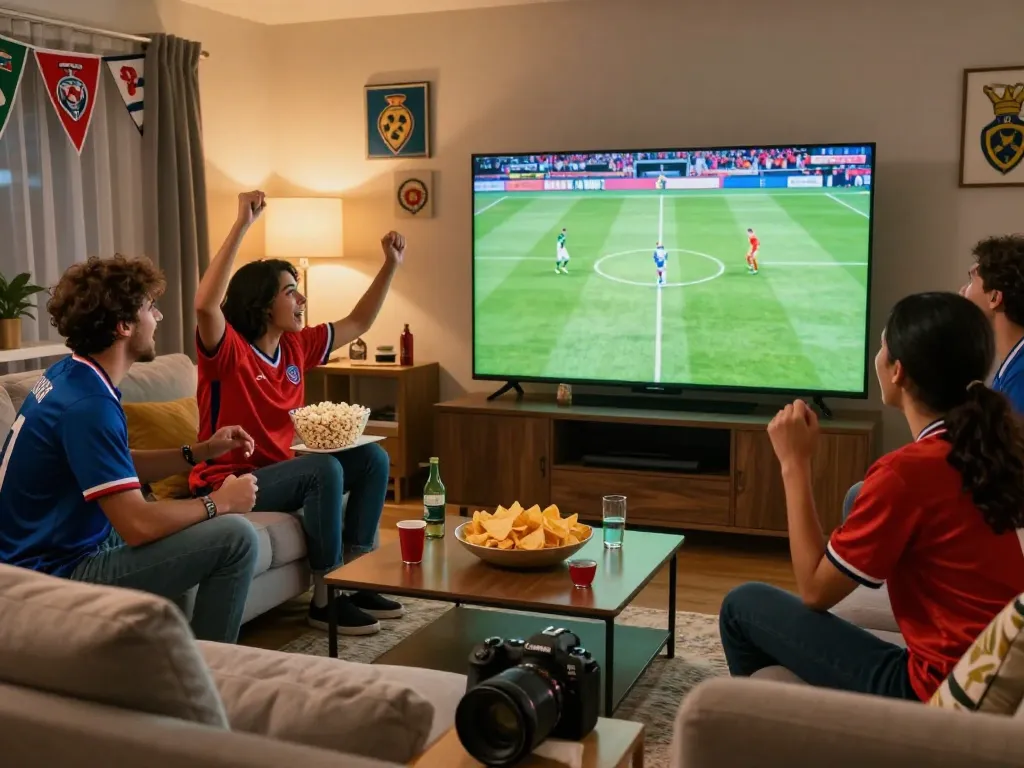 Group of friends cheering for a live match on CakhiaTV, enjoying the excitement of football together.