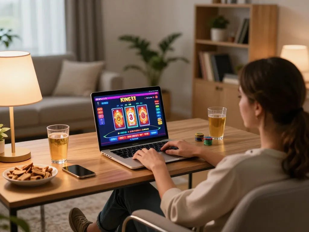 Engaging in thrilling online gaming at King33 from a cozy home setup, showcasing a laptop with vibrant casino graphics.