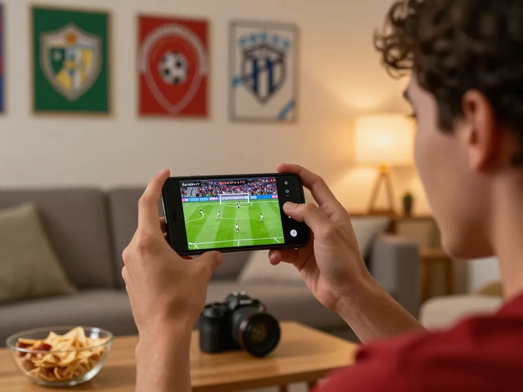 Socolive TV user excitedly watching live soccer match on smartphone in cozy living room.