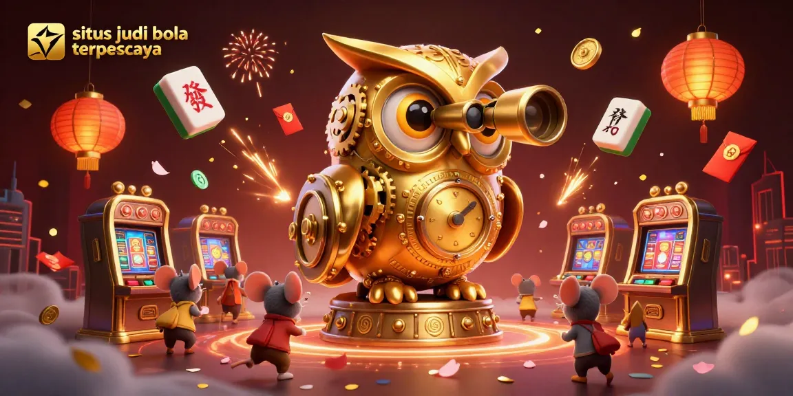 Situs judi bola terpercaya showcases a vibrant casino scene with unique 3D characters like an owl and mice amidst dynamic betting elements.