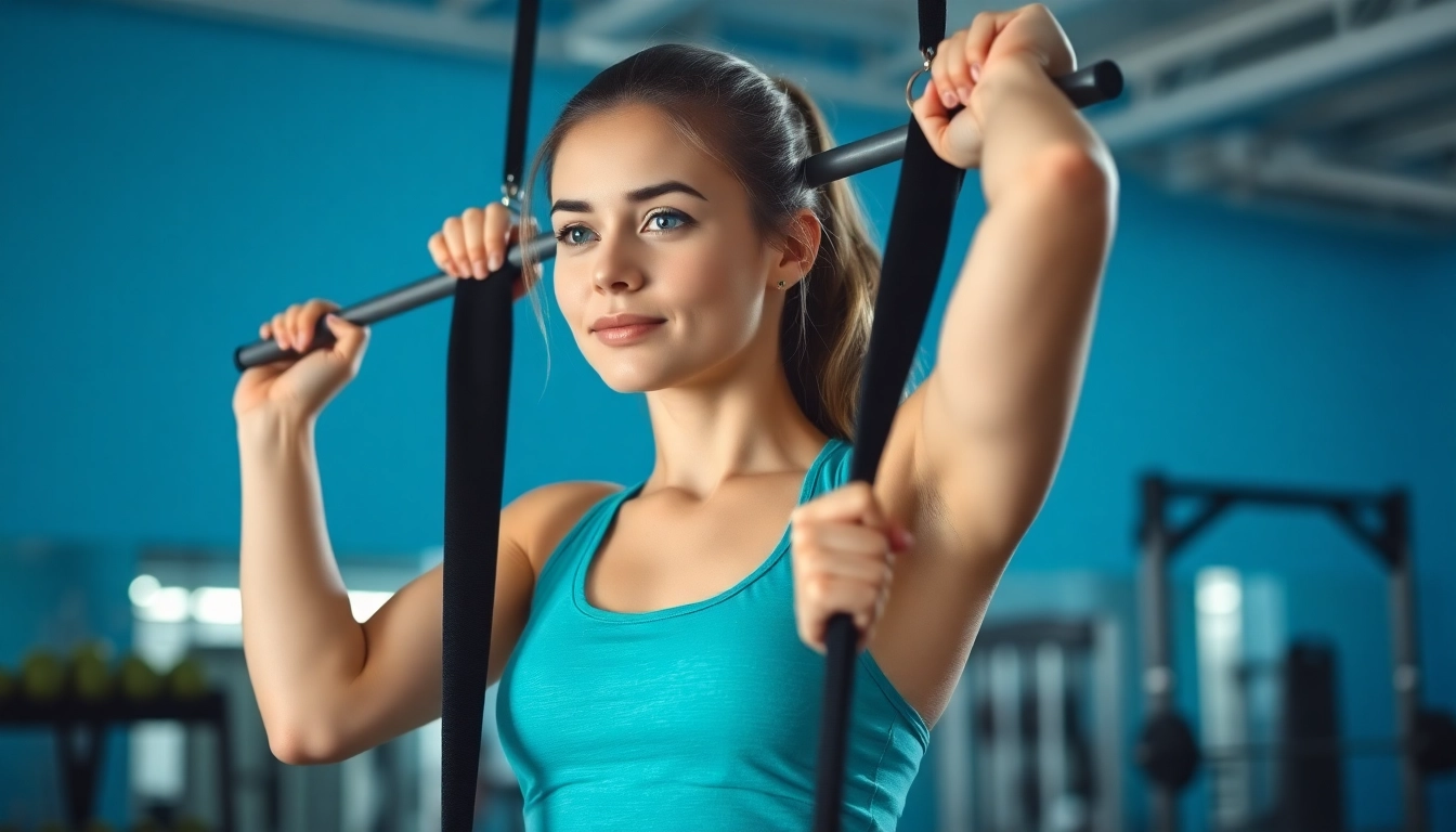 Young woman using a pull-up assist band in a gym to improve her pull-up technique.