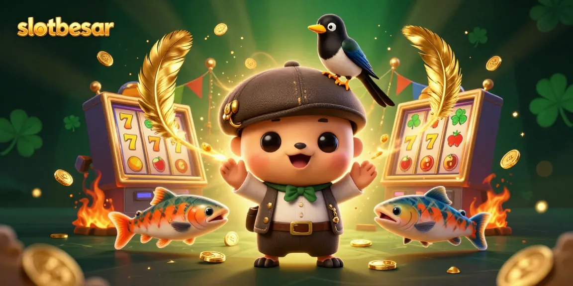 Spin and win with slotbesar in a vibrant casino-themed illustration featuring playful characters.
