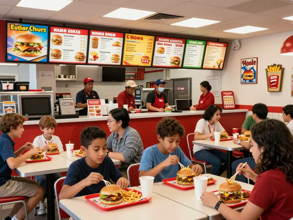 Fast food prices displayed on menu in a lively restaurant setting with diverse customers enjoying their meals.