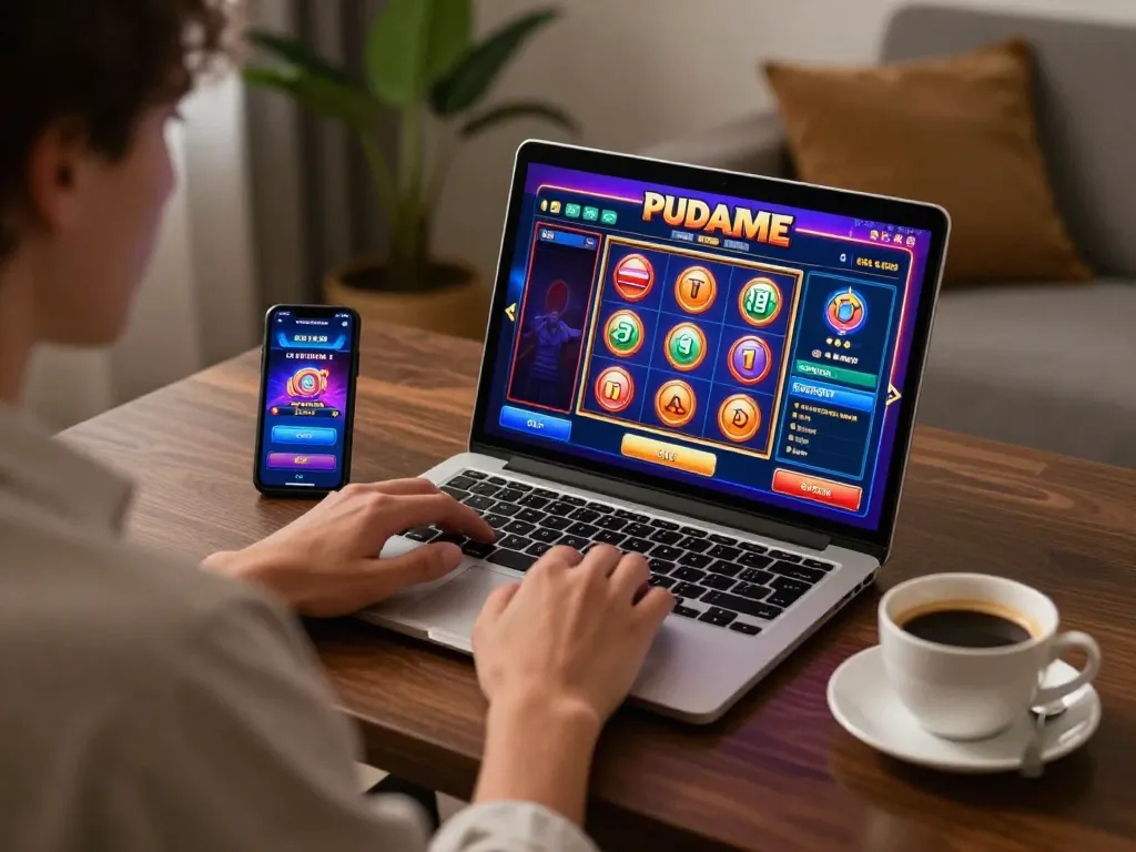 Engaged player exploring lucks8 online casino gaming on laptop in cozy home setting