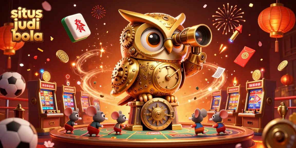 Engage in situs judi bola excitement with golden owl, sports elements, and festive details in a vibrant casino scene.