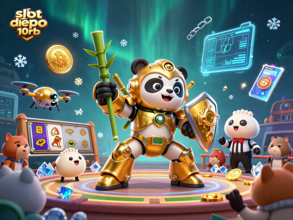 Engage with the slot depo 10rb scene featuring a panda robot amidst slot reels and crypto elements.