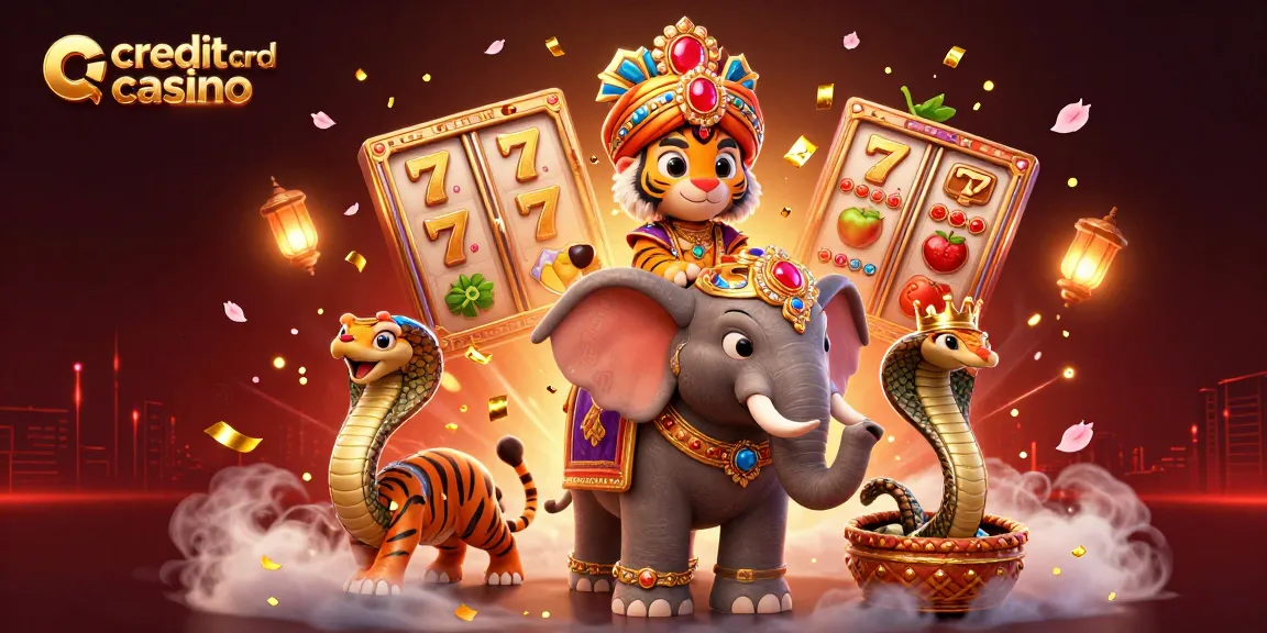Vibrant 3D scene showcasing a credit card casino with a maharaja tiger, elephant, and cobra amidst slot reels and golden decorations.