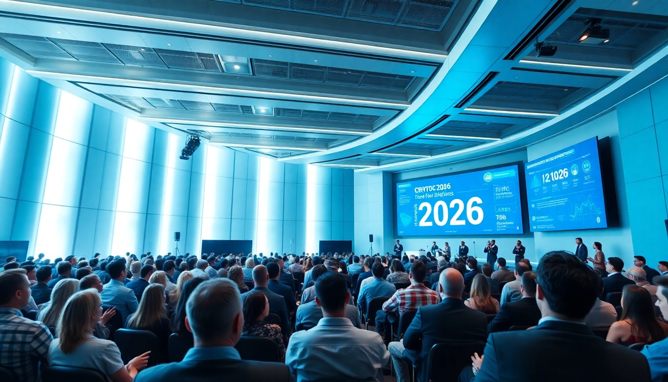 Attendees at a Crypto 2026 conference discussing future trends in cryptocurrency finance.