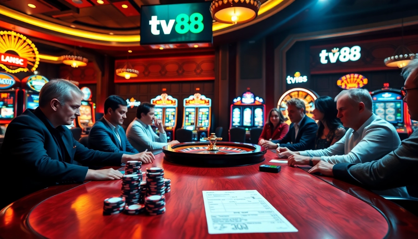 Casino atmosphere showcasing high-stakes play and excitement at TV88 poker table.