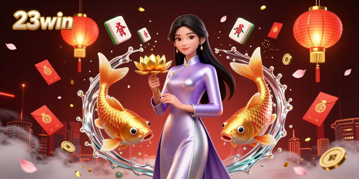 Experience 23win with a vibrant 3D scene showcasing gaming elements, lucky symbols, and casino atmosphere.