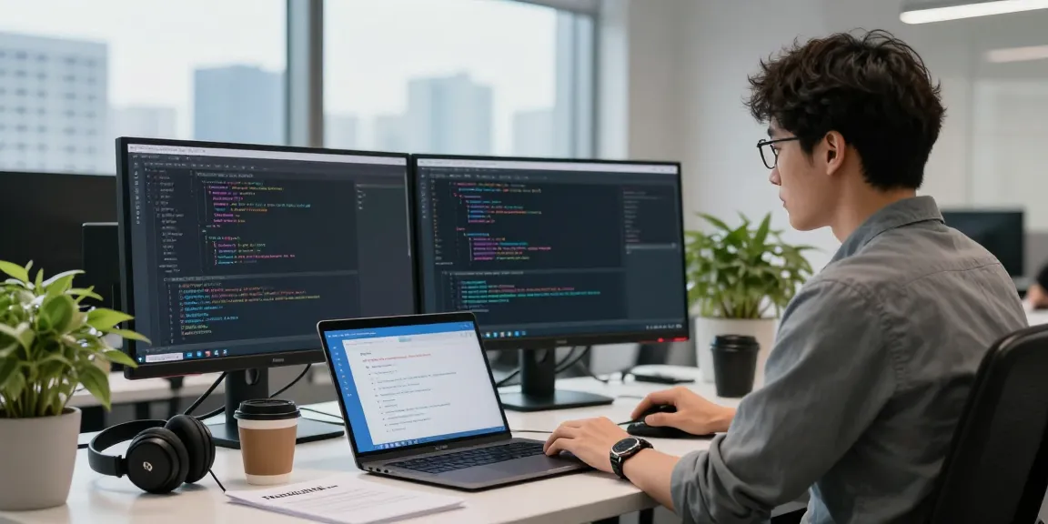 Developer configuring telegram中文 interface on dual monitors in a modern workspace.