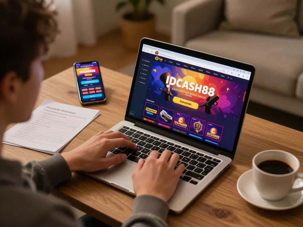 Engaging with IDCASH88 online gaming on a laptop at home, surrounded by strategic notes and coffee