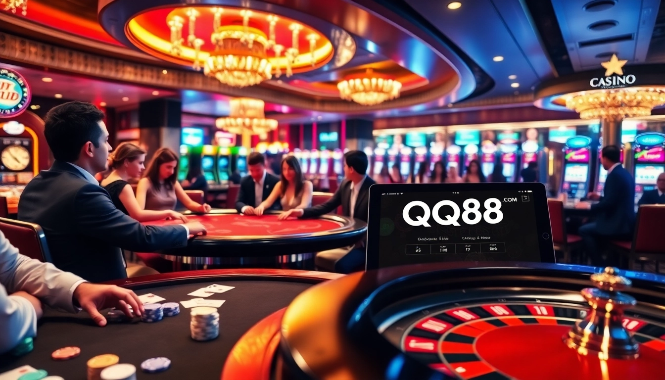 Engaged players enjoying various casino games at QQ88 COM with vibrant poker chips and roulette.