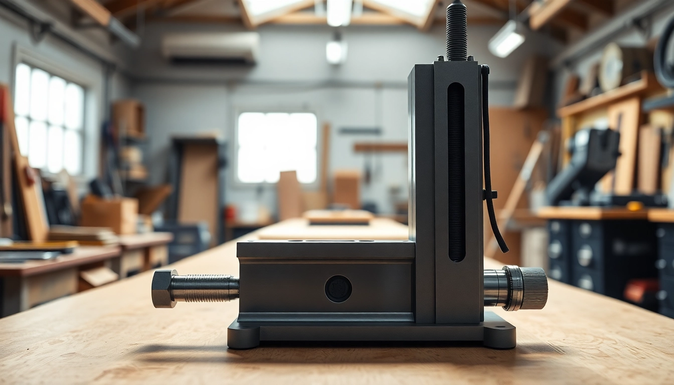 Showcase pf940v2 jig with precision features on a workshop workbench, surrounded by tools.