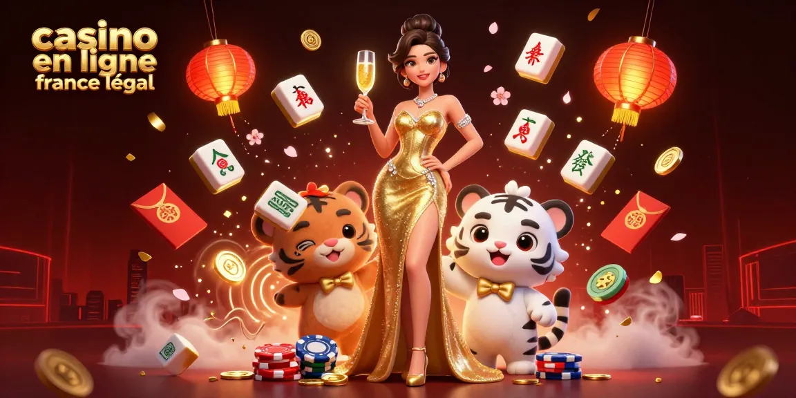 Jouez et gagnez à casino en ligne france légal avec une femme glamour et un tigre porte-bonheur dans un cadre festif.