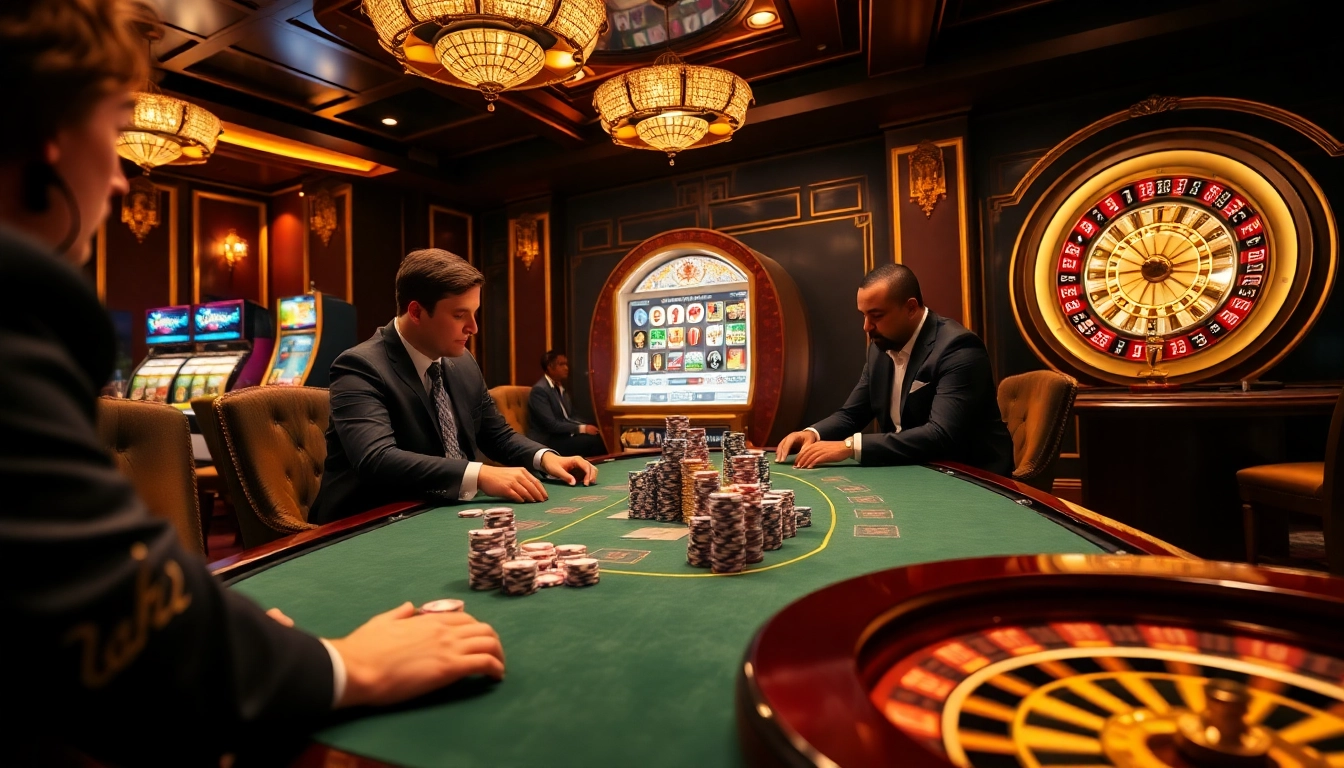 Vivez l'excitation d'un casino en ligne avec du poker, des jetons et une roulette tournante.