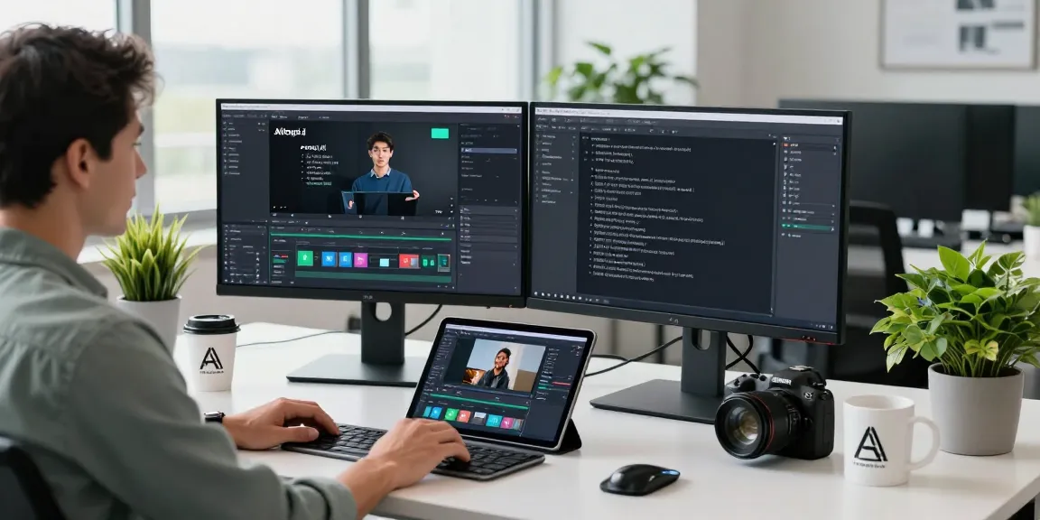 Dynamic workspace showcasing prompt ai in use for video generation, featuring monitors with AI prompts.