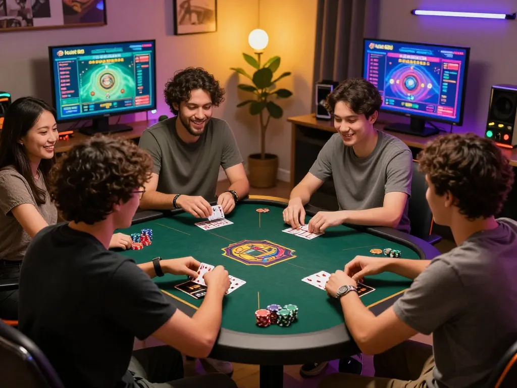 Engaging group playing GAME BÀI hubet88 in a cozy game night setting with vibrant graphics.