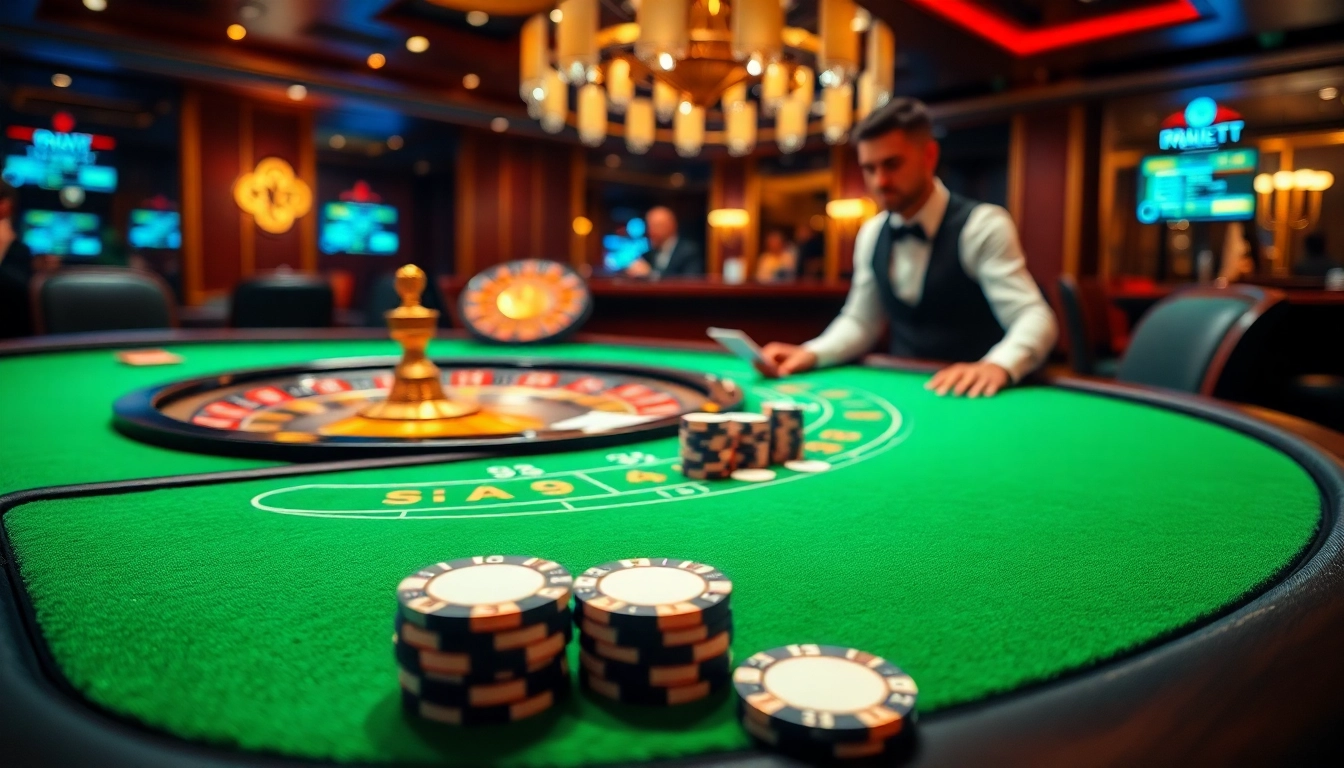 Casino gaming with S8 branding, featuring a blackjack table, vibrant poker chips, and a roulette wheel.